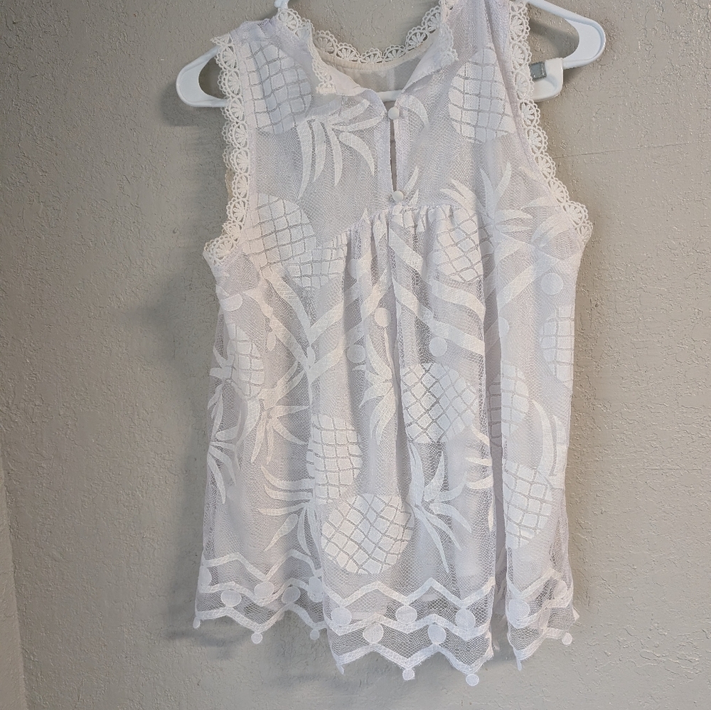Mauve Pineapple Sleeveless Top 12 White Lace Scalloped Boho Cottagecore Layering - Picture 12 of 16